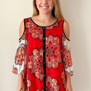 Chico's Red White Floral Graphic Blouse